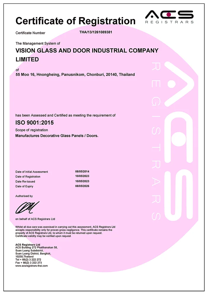Certificate 9001 2015 VISION GLASS AND DOOR INDUSTRIAL COMPANY LIMITED